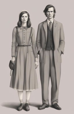 This pencil drawing, inspired by Wes Anderson, depicts a man and woman standing side by side