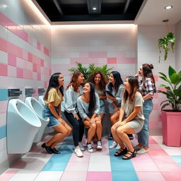 A group of women at a modern public restroom featuring female urinals, some women squatting in front of the urinals
