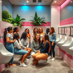 A group of women at a modern public restroom featuring female urinals, some women squatting in front of the urinals