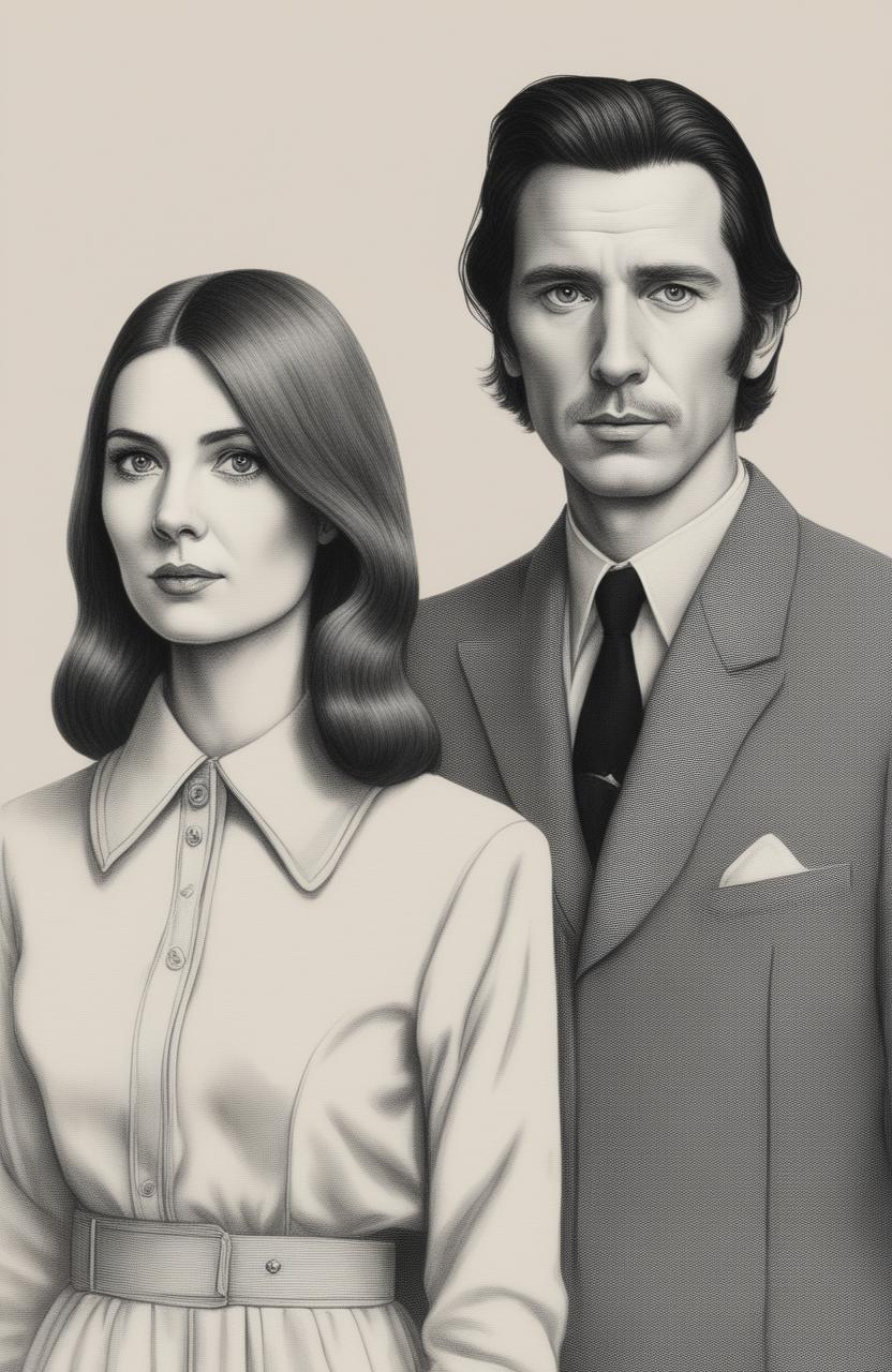 This pencil drawing, inspired by Wes Anderson, depicts a man and woman standing side by side