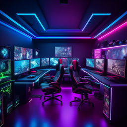 A high-tech gaming room featuring multiple monitors, advanced gaming PCs, latest gaming consoles, ergonomic chairs, RGB lighting and game-themed decorations.