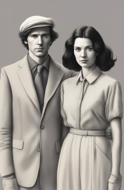 This pencil drawing, inspired by Wes Anderson, depicts a man and woman standing side by side