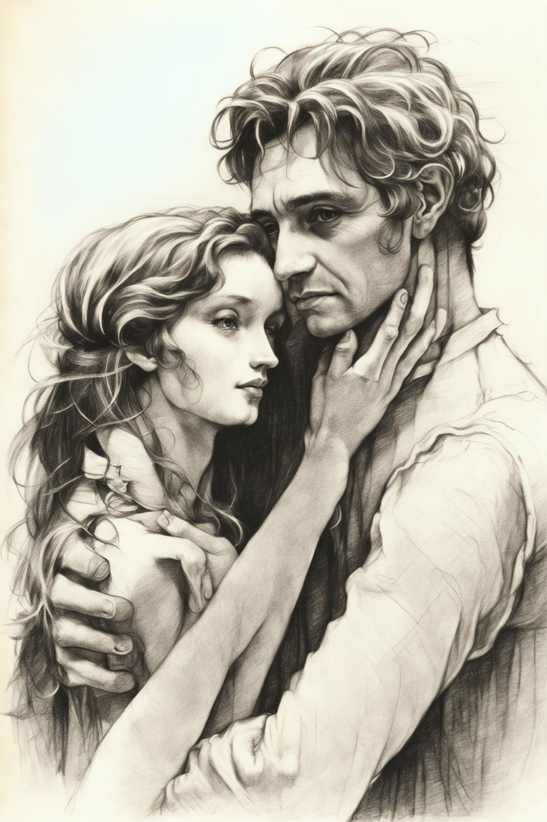 This da Vinci-inspired pencil sketch depicts a man and woman in love