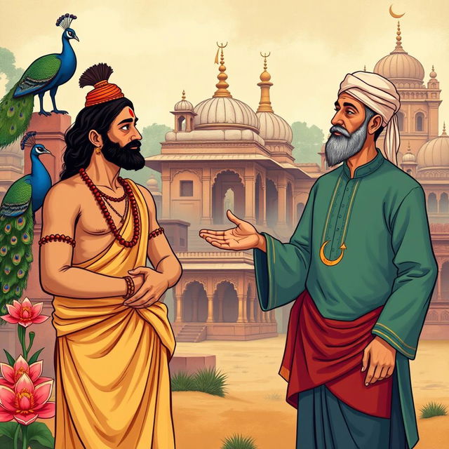 An illustration depicting a historical scene of cultural and religious transformation, showcasing a vibrant and expressive setting of ancient Pakistan