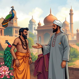 An illustration depicting a historical scene of cultural and religious transformation, showcasing a vibrant and expressive setting of ancient Pakistan