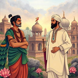 An illustration depicting a historical scene of cultural and religious transformation, showcasing a vibrant and expressive setting of ancient Pakistan