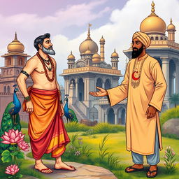An illustration depicting a historical scene of cultural and religious transformation, showcasing a vibrant and expressive setting of ancient Pakistan