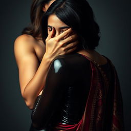 A captivating image featuring a sexy woman dressed in sleek latex, her hands playfully smothering another woman from behind