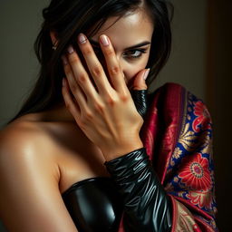 A captivating image featuring a sexy woman dressed in sleek latex, her hands playfully smothering another woman from behind