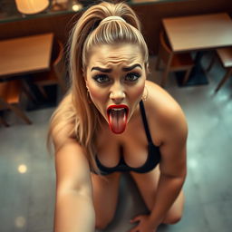 A beautiful plus-size woman kneeling on her knees in an empty cafe