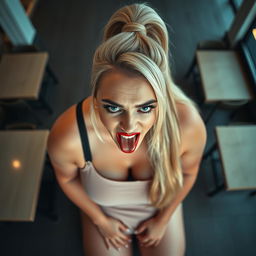 A beautiful plus-size woman kneeling on her knees in an empty cafe