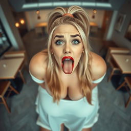 A beautiful plus-size woman kneeling on her knees in an empty cafe