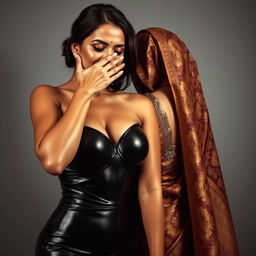 An alluring image of a sexy woman dressed in figure-hugging latex, her one hand expertly cupping and fully covering the mouth and nose of another woman draped in a beautifully designed saree from behind