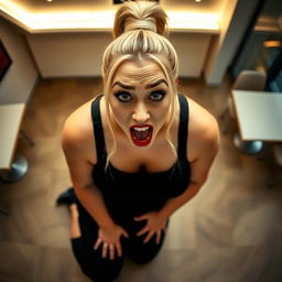 A beautiful plus-size woman kneeling on her knees in an empty cafe
