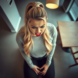 A beautiful plus-size woman kneeling on her knees in an empty cafe