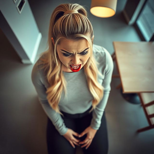 A beautiful plus-size woman kneeling on her knees in an empty cafe