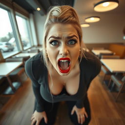 A beautiful plus-size woman kneeling on her knees in an empty cafe