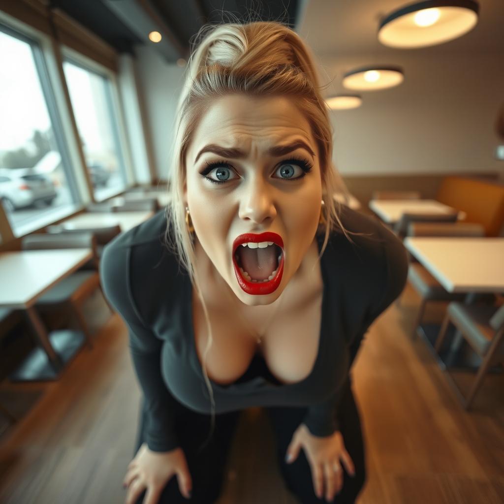 A beautiful plus-size woman kneeling on her knees in an empty cafe