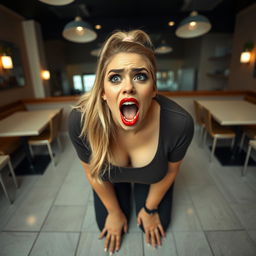 A beautiful plus-size woman kneeling on her knees in an empty cafe