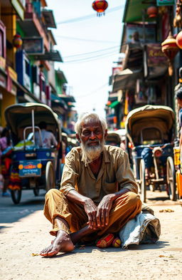 A scene depicting a beggar sitting on the bustling streets of Guwahati town