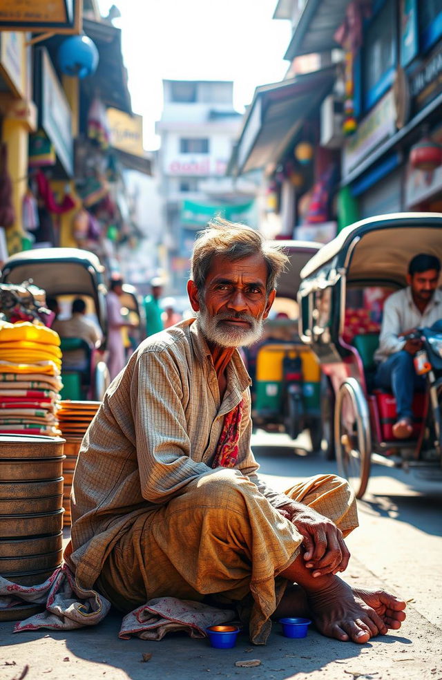 A scene depicting a beggar sitting on the bustling streets of Guwahati town