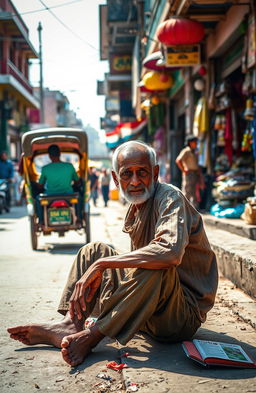 A scene depicting a beggar sitting on the bustling streets of Guwahati town