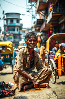 A scene depicting a beggar sitting on the bustling streets of Guwahati town