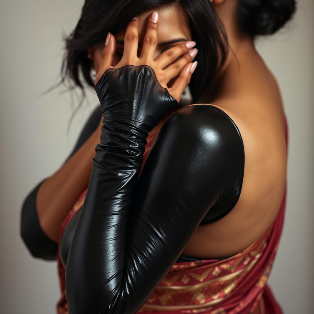 An alluring image depicting a sexy woman in form-fitting latex, her one hand playfully smothering another woman from behind