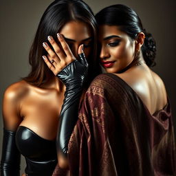 An alluring image depicting a sexy woman in form-fitting latex, her one hand playfully smothering another woman from behind