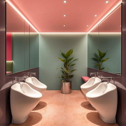 A modern, stylish restroom featuring trough-style urinals designed specifically for women