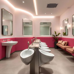 A modern, stylish restroom featuring trough-style urinals designed specifically for women