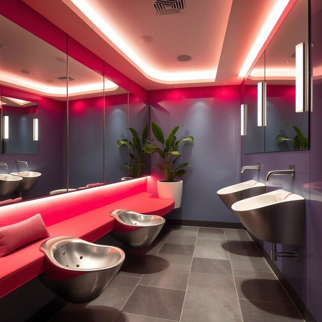 A modern, stylish restroom featuring trough-style urinals designed specifically for women