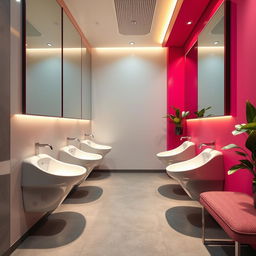 A modern, stylish restroom featuring trough-style urinals designed specifically for women