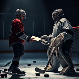 A dramatic scene depicting a hockey player in a full uniform, with a helmet and skates, standing face-to-face with a hockey goalie, who is also fully equipped with pads and a mask