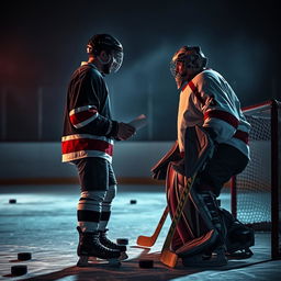 A dramatic scene depicting a hockey player in a full uniform, with a helmet and skates, standing face-to-face with a hockey goalie, who is also fully equipped with pads and a mask