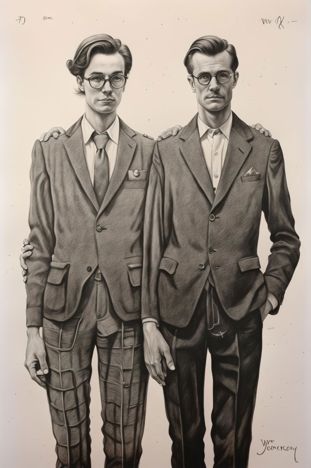 This is a high-quality pencil drawing of a man and woman standing side by side, styled in a manner reminiscent of Wes Anderson's unique aesthetic