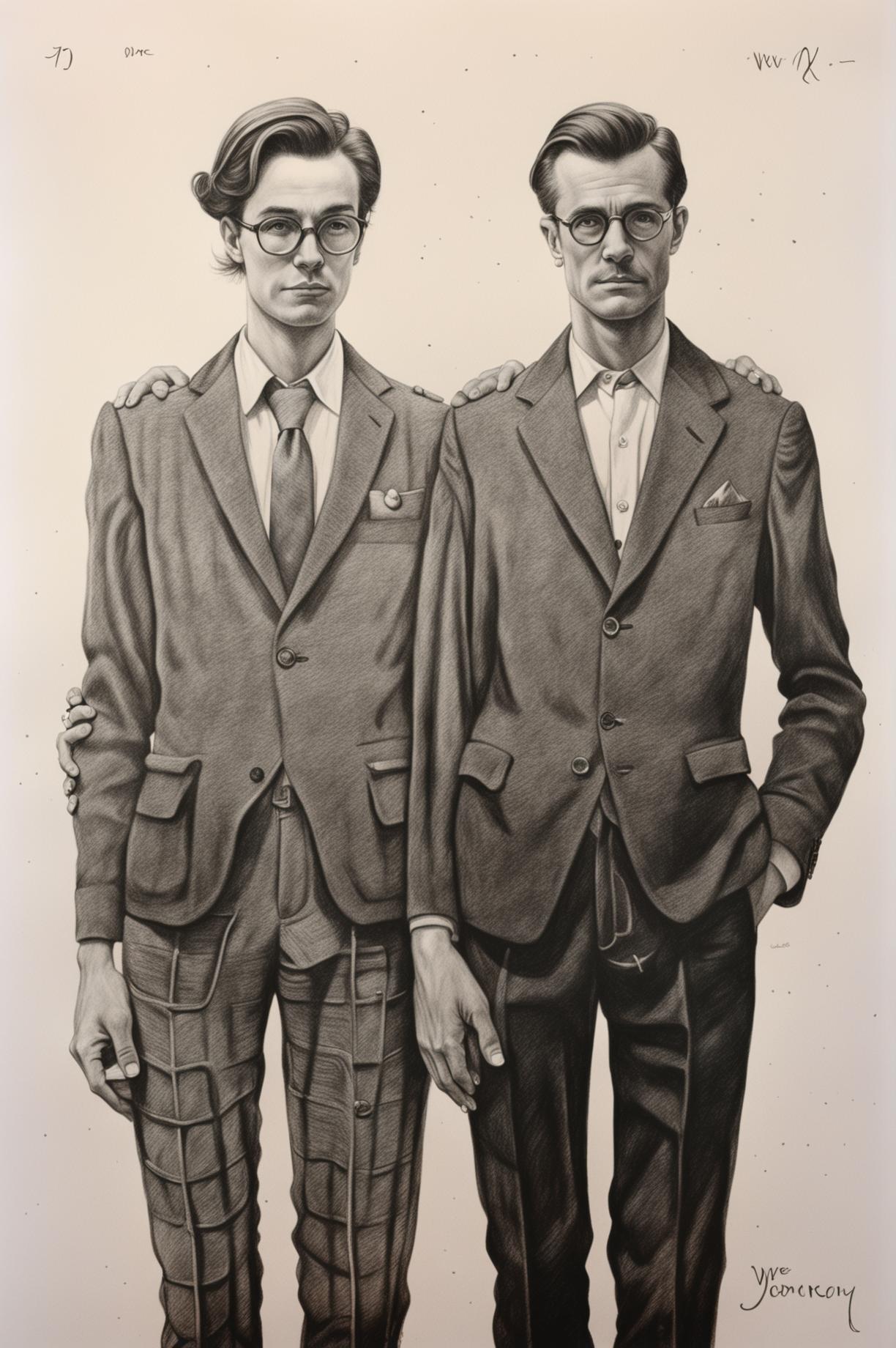 This is a high-quality pencil drawing of a man and woman standing side by side, styled in a manner reminiscent of Wes Anderson's unique aesthetic