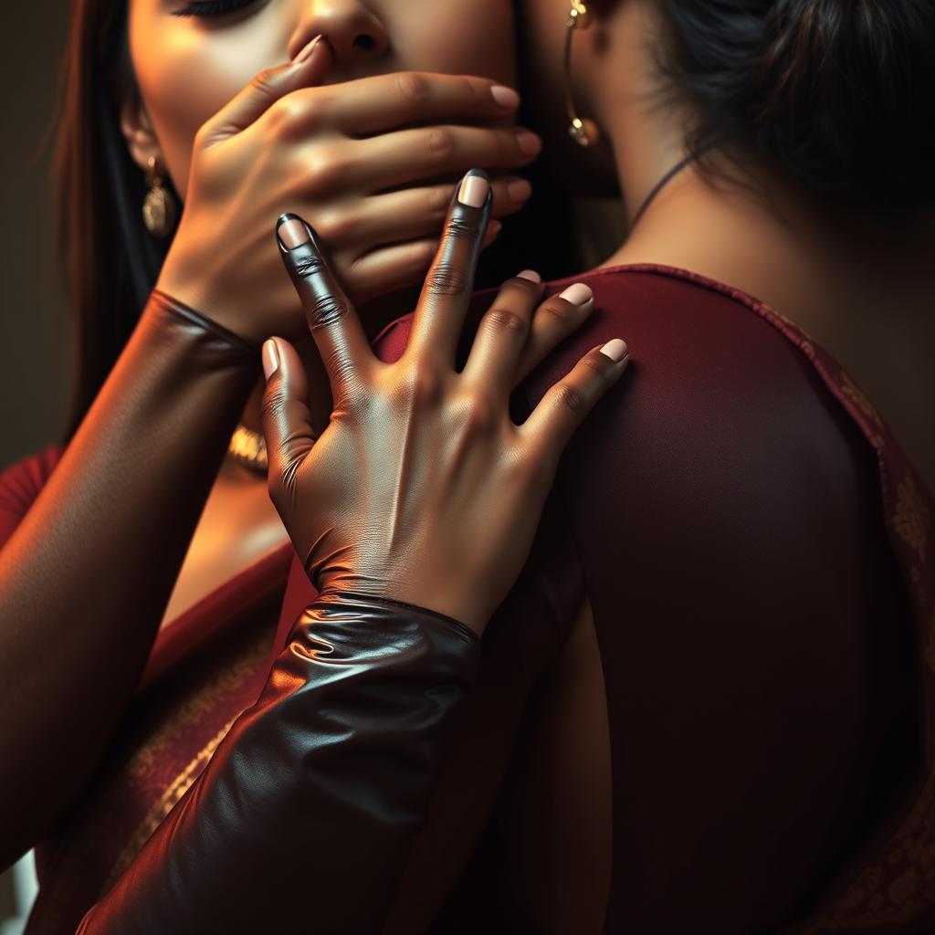 An enticing image of a sexy woman clad in shiny latex, her hands engaged in a playful yet intimate act as she smothers another woman from behind