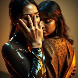 An enticing image of a sexy woman clad in shiny latex, her hands engaged in a playful yet intimate act as she smothers another woman from behind