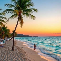 A picturesque tropical beach scene at sunset, featuring palm trees swaying gently in the breeze, a sandy shore glistening under the soft orange and pink hues of the setting sun, with a vibrant turquoise ocean in the foreground