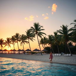 A picturesque tropical beach scene at sunset, featuring palm trees swaying gently in the breeze, a sandy shore glistening under the soft orange and pink hues of the setting sun, with a vibrant turquoise ocean in the foreground