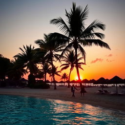 A picturesque tropical beach scene at sunset, featuring palm trees swaying gently in the breeze, a sandy shore glistening under the soft orange and pink hues of the setting sun, with a vibrant turquoise ocean in the foreground