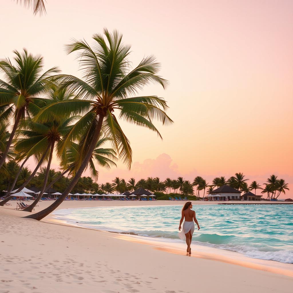 A picturesque tropical beach scene at sunset, featuring palm trees swaying gently in the breeze, a sandy shore glistening under the soft orange and pink hues of the setting sun, with a vibrant turquoise ocean in the foreground