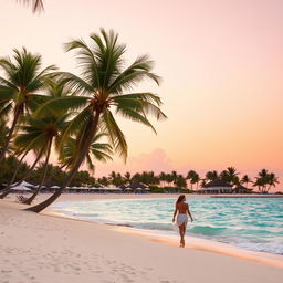 A picturesque tropical beach scene at sunset, featuring palm trees swaying gently in the breeze, a sandy shore glistening under the soft orange and pink hues of the setting sun, with a vibrant turquoise ocean in the foreground