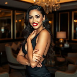 Nati Jota posing confidently for a glamorous Playboy-inspired photoshoot, showcasing her in a stylish, elegant setting with lavish decor
