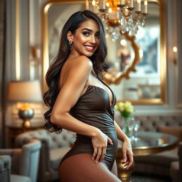 Nati Jota posing confidently for a glamorous Playboy-inspired photoshoot, showcasing her in a stylish, elegant setting with lavish decor