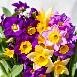 A beautiful arrangement featuring half vibrant violet flowers on one side and half bright yellow daffodils on the other