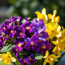 A beautiful arrangement featuring half vibrant violet flowers on one side and half bright yellow daffodils on the other