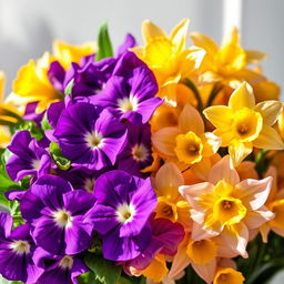 A beautiful arrangement featuring half vibrant violet flowers on one side and half bright yellow daffodils on the other