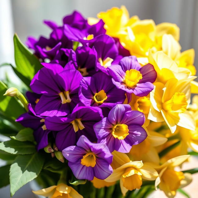 A beautiful arrangement featuring half vibrant violet flowers on one side and half bright yellow daffodils on the other